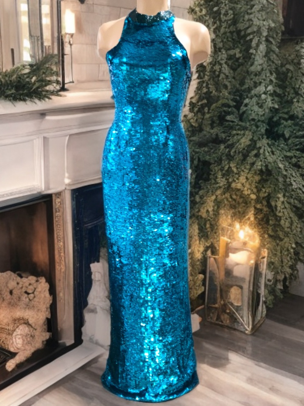Riva Designs Sequin High Neck Turquoise Teal Formal Dress Wedding Guest Sz XS